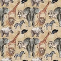 Safari African animals watercolor seamless pattern background