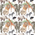 Safari African animals watercolor seamless pattern background