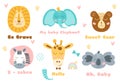 Safari animal heads set Baby animal head cute animals ant text. Zebra, bear, koala, lion, elephant, giraffe. Kids vector Royalty Free Stock Photo