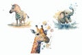 Safari Animal set Giraffe, elephants, zebra in watercolor style. Isolated vector illustration