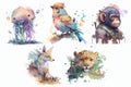 Safari Animal set Jackal, jaguar, Japanize macaque, jay bird, jellyfish in watercolor style. Isolated vector illustration