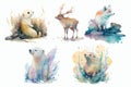 Safari Animal set Reindeer, polar bear, arctic fox, seal, ermine in watercolor style. Isolated vector illustration