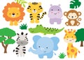 Safari Jungle Animals Lion Tiger Hippo Monkey Zebra Crocodile Elephant Giraffe Vector Illustration