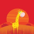 Safari animals - cute giraffe and red sunset scene