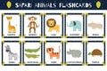 Safari animals flashcards collection for kids. Flash cards set with cute jungle characters Royalty Free Stock Photo