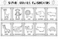 Safari animals flashcards black and white collection for kids. Flash cards set with cute jungle characters Royalty Free Stock Photo