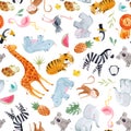 Safari animals watercolor vector pattern