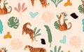 Safari background with tiger,palm,leaf.Vector illustration seamless pattern for background,wallpaper,frabic.Editable element