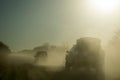 Safari car moving fast in the dust, looking for wild animals in Africa