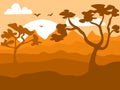 Safari cartoon background, desert savanna panorama and landscape with trees, hills and sun. Safary layered panoramic