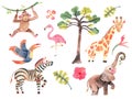 Safari collection with giraffe, monkey, zebra, elephant and toucan. Watercolor cute animals perfect for wallpaper, print,