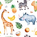 Safari Collection With Giraffe, Rhino, Zebra, Banana, Pineapple, Coconut, Palm Leaves