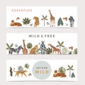 Safari collection with giraffe and zebra are standing.tiger and leopard are sitting on white background