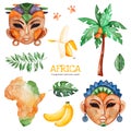 Safari collection with palm tree, banana, african woman, men masks