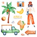 Safari collection with palm tree, young travelling girl, pickup car Royalty Free Stock Photo