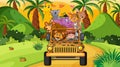 Safari concept with wild animals in the jeep car Royalty Free Stock Photo