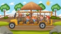 Safari at day time scene with many kids in a zoo golf cart