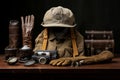 Safari gear close up gloves, hat, and sun dust protection accessories for outdoor exploration