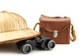 Safari hat, vintage camera bag and binoculars Royalty Free Stock Photo