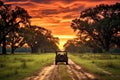 safari jeep driving through savannah sunset Royalty Free Stock Photo