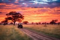 safari jeep driving through savannah sunset Royalty Free Stock Photo