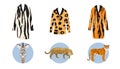 Safari jungle animals fur cloths with animals vector set illustration. Bengal tiger, zebra and gepard and african