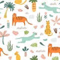 Safari kids pattern. Funny jungle seamless pattern. Palm trees, safari leopard, tiger, cactus doodle textie background