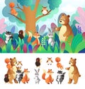 Safari nature. Jungle forest. Cute animals group. Cartoon bear and fox in meadow. Summer woodland. Children landscape Royalty Free Stock Photo