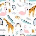 Safari seamless pattern with flamingo, crocodile, giraffe, rat, and penguin. Cute drawing with pastel colors for kids fashion and