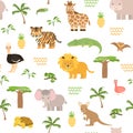 Safari summer animals seamless pattern. Cute vector chameleon, crocodile lion, tiger elephant, flamingo, giraffe, bat, kangaroo,