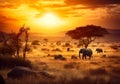 Safari sunset with animals. Nature wildlife savannah landscape. Generative AI