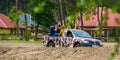 Safari SUV full with tourists driving through the animal zoo park, visitors of beekse bergen, Hilvarenbeek, 25 may, 2019, The