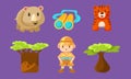 Safari Symbols Set, African Animals, Trees and Boy in Safari Outfit Vector Illustration Royalty Free Stock Photo