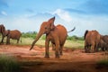 Baby young red elephant Travelling Kenya and Tanzania Safari tour in Africa Elephants group in the savanna excursion Royalty Free Stock Photo