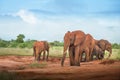 Red elephants group family with baby Travelling Kenya and Tanzania Safari tour in Africa Elephants group in the savanna excursion Royalty Free Stock Photo