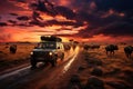 A safari vehicle driving through the expansive Serengeti plains at sunset, with a herd of wildebeests in the distance, showcasing