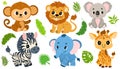 Cute cartoon Safary animals. Lion, zebra, koala, elephant, giraffe, monkey. Royalty Free Stock Photo