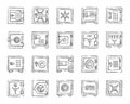 Safe bank cell charcoal draw line icons vector set Royalty Free Stock Photo