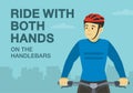 Safe bicycle riding rules and tips. Close-up view of a cyclist holding handlebar. Ride with both hands on the handlebars.