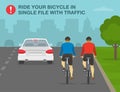 Safe bicycle riding rules and tips. Cyclists riding bike in two abreast on the city road. Back view of traffic flow.