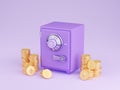 Safe box with crypto currency money 3d render - closed purple strongbox surrounded by gold bitcoin and ethereum.