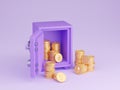 Safe box with crypto currency money 3d render - open purple strongbox filled and surrounded by gold bitcoin and ethereum