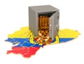 Safe box with golden coins on the map of Ecuador, 3D rendering Royalty Free Stock Photo