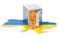 Safe box with golden coins on the map of Ukraine, 3D rendering