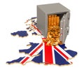 Safe box with golden coins on the map of the United Kingdom, 3D rendering Royalty Free Stock Photo