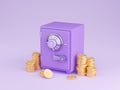 Safe box with money 3d render - closed purple strongbox surrounded by pile of gold coins with dollar sign.