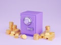 Safe box with money 3d render - illustration of closed purple strongbox surrounded by pile of gold coins and ingots. Royalty Free Stock Photo