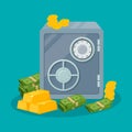 Safe box with money savings dollar coins banknotes. Cash protection concept. Gold bars icon. Vector illustration Royalty Free Stock Photo