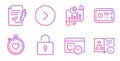 Safe box, Report document and Project deadline icons set. Approved agreement, Lock and Forward signs. Vector