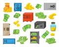 Safe boxes for money. Green dollars banknotes and golden coins piles. Bank vaults, deposit storages and glass jar Royalty Free Stock Photo